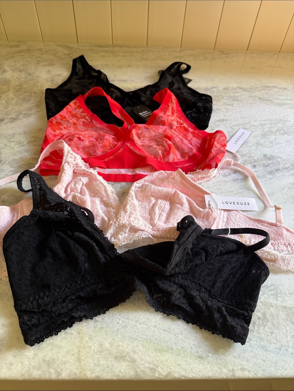 Lace & Mesh Bralette Pack - Black, Pink, Red